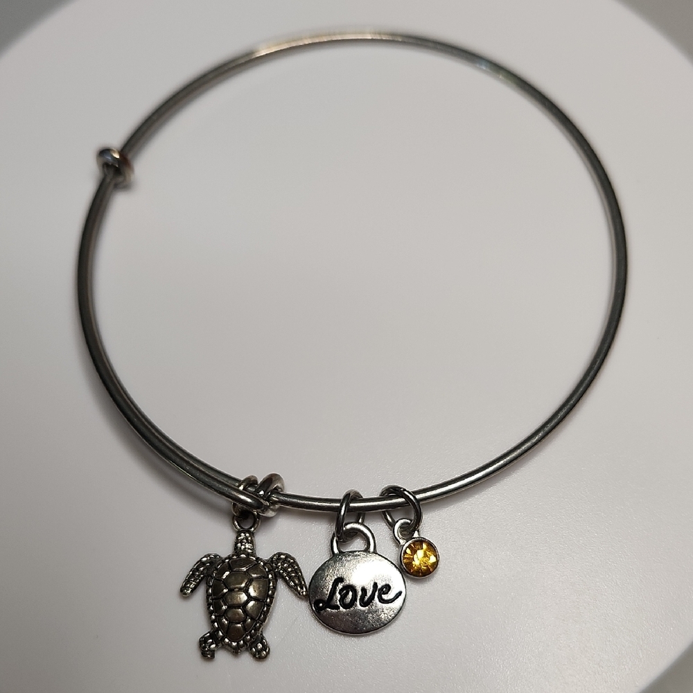 Bangle Bracelet, Silver with Turtle and Love Charms